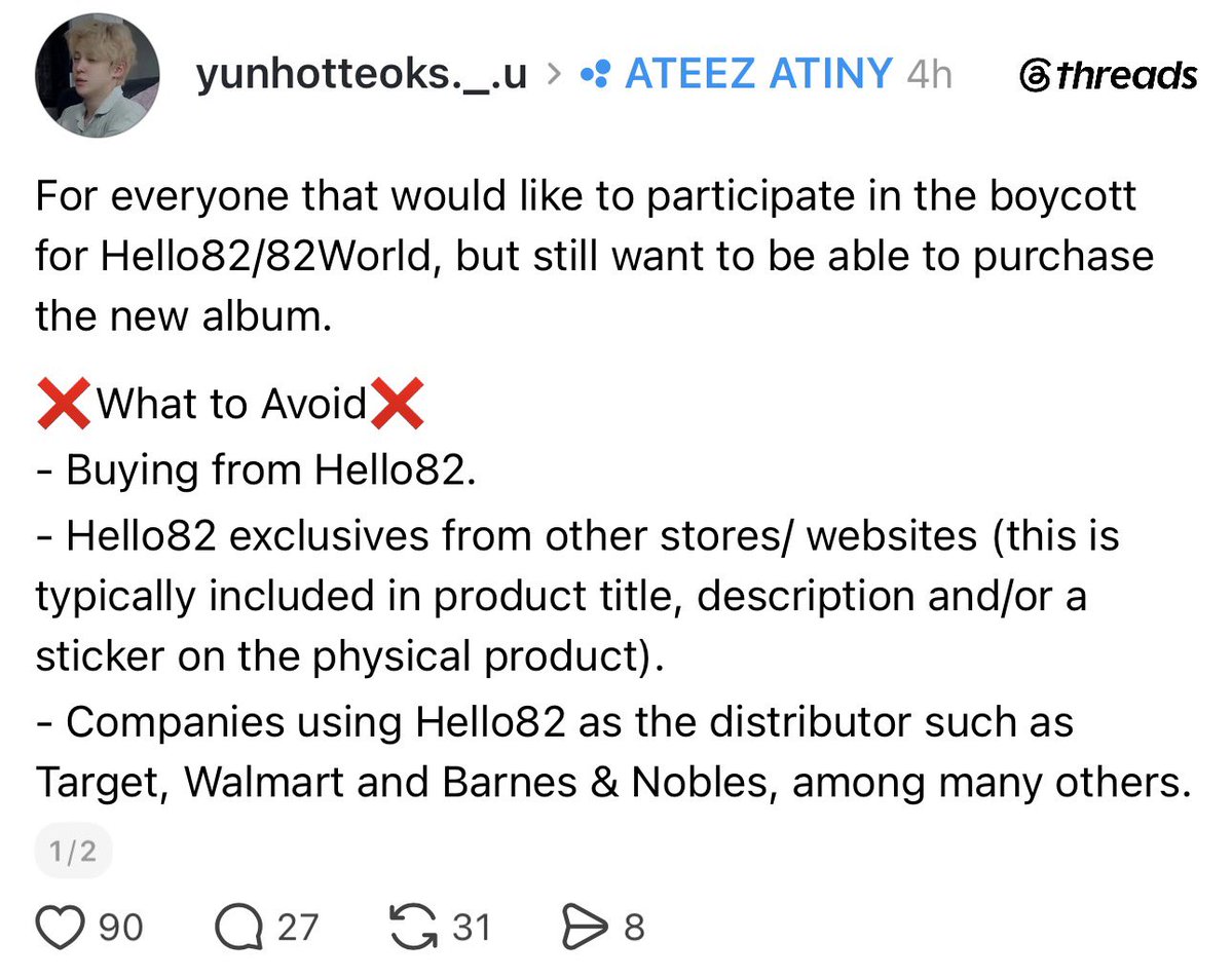mingimangimong's tweet photo. if you would like to participate in boycotting hello82 and simultaneously support ateez on charting, here are some good alternatives !!
credits to yunhotteoks._.u on threads
signed albums and photocards value nothing if they come from a disgusting ableist company. https://t.co/oyjIElLW34