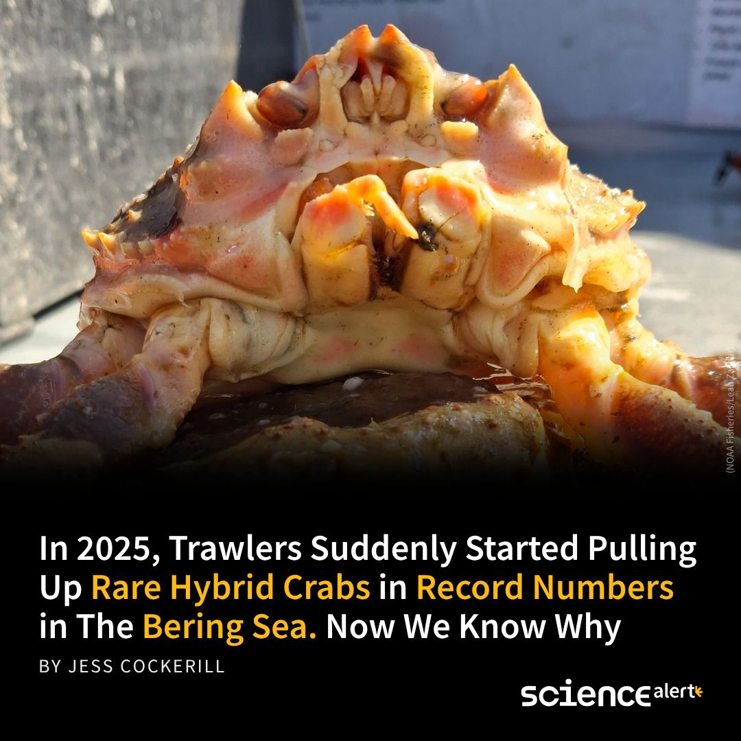 ScienceAlert's tweet photo. Eight billion snow crabs. A marine heatwave later, only 1 billion remained. In 2025, hybrids surged 13.4 times above historical numbers. What enabled their takeover was tied to the collapse. 🔗 https://t.co/C2o3SnVPa4 https://t.co/XAan9Hgw6K