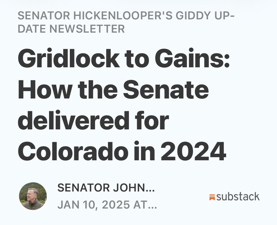 mrosazza's tweet photo. He wont talk about it campaigning, but everyone should read this substack of Hickenlooper talking about all his accomplishments in Congress in 2024.  What he doesn’t talk about is his voting for $7T in deficit spending that caused the mass inflation that has made you poor.   Every Colorado family has lost $10K/year in buying power because of Hickenflation.   But he bragged:

“Last year we were focused on improving Coloradans’ lives in concrete ways – investing in our transition to renewable energy to bring down costs, funding community-based affordable housing projects, conserving water on the Colorado River, and securing Colorado’s place in the 21st century economy.”

Of course none of these things happened.  It all went to friends of Obama, the NGOs.   Colorado is a disaster, and he is the #1 reason it got so bad.   #copolitics #colorado