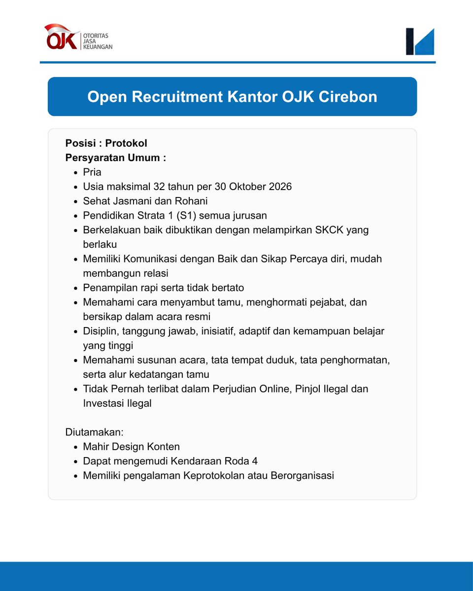Lokernas_com's tweet photo. 📢 Open Recruitment Kantor OJK Cirebon

💼Posisi : Protokol
🎓Kualifikasi : Minimal S-1 (Strata 1) sederajat dari semua jurusan
🗓️Lamaran Paling Lambat : 30 Oktober 2026

Info lengkap pendaftaran : https://t.co/7CtXfaNjEZ https://t.co/k77PMdJtQj