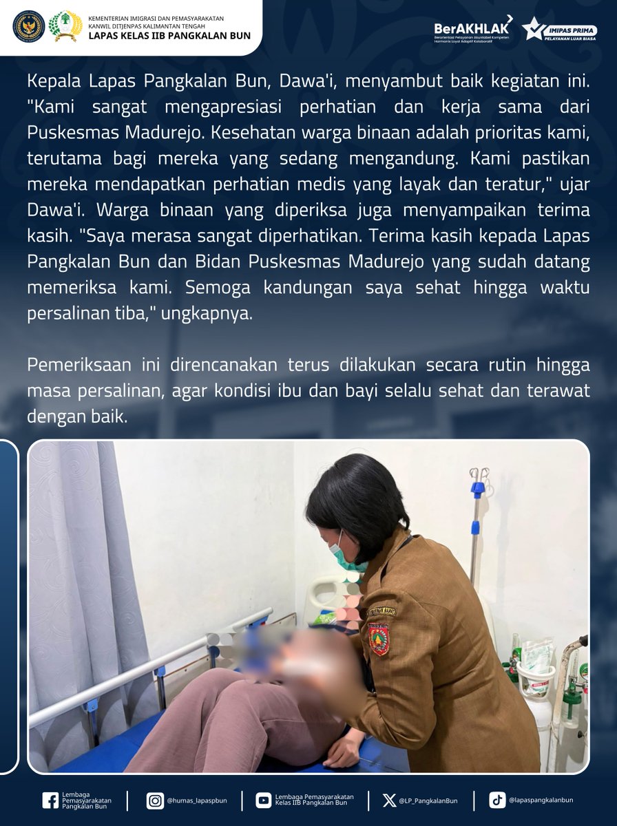 LP_PangkalanBun's tweet photo. Bidan Puskesmas Madurejo Periksa Kesehatan Ibu Hamil Warga Binaan Lapas Pangkalan Bun

Humas Lapas Pangkalan Bun
#kemenimipas
#Ditjenpas
#pemasyarakatan
#guardandguide
#DitjenpasKalteng
#Hensah
#infoimipas
#lapaspangkalanbun
#dawai https://t.co/3zctq50cgM