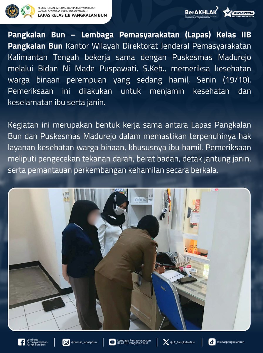 LP_PangkalanBun's tweet photo. Bidan Puskesmas Madurejo Periksa Kesehatan Ibu Hamil Warga Binaan Lapas Pangkalan Bun

Humas Lapas Pangkalan Bun
#kemenimipas
#Ditjenpas
#pemasyarakatan
#guardandguide
#DitjenpasKalteng
#Hensah
#infoimipas
#lapaspangkalanbun
#dawai https://t.co/3zctq50cgM