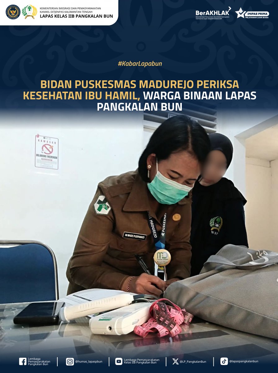 LP_PangkalanBun's tweet photo. Bidan Puskesmas Madurejo Periksa Kesehatan Ibu Hamil Warga Binaan Lapas Pangkalan Bun

Humas Lapas Pangkalan Bun
#kemenimipas
#Ditjenpas
#pemasyarakatan
#guardandguide
#DitjenpasKalteng
#Hensah
#infoimipas
#lapaspangkalanbun
#dawai https://t.co/3zctq50cgM