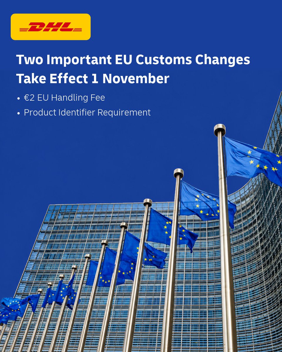DhlExpressMY's tweet photo. The next phase of EU Customs Reform starts on 1 November 2026 🇪🇺

If you're shipping goods sold online to consumers in the EU, two important changes to note:
🚀A new €2 EU handling fee
🚀Product Identifiers required

Read everything you need to know here: https://t.co/golnBF0G3F https://t.co/6TDN4pkPYu