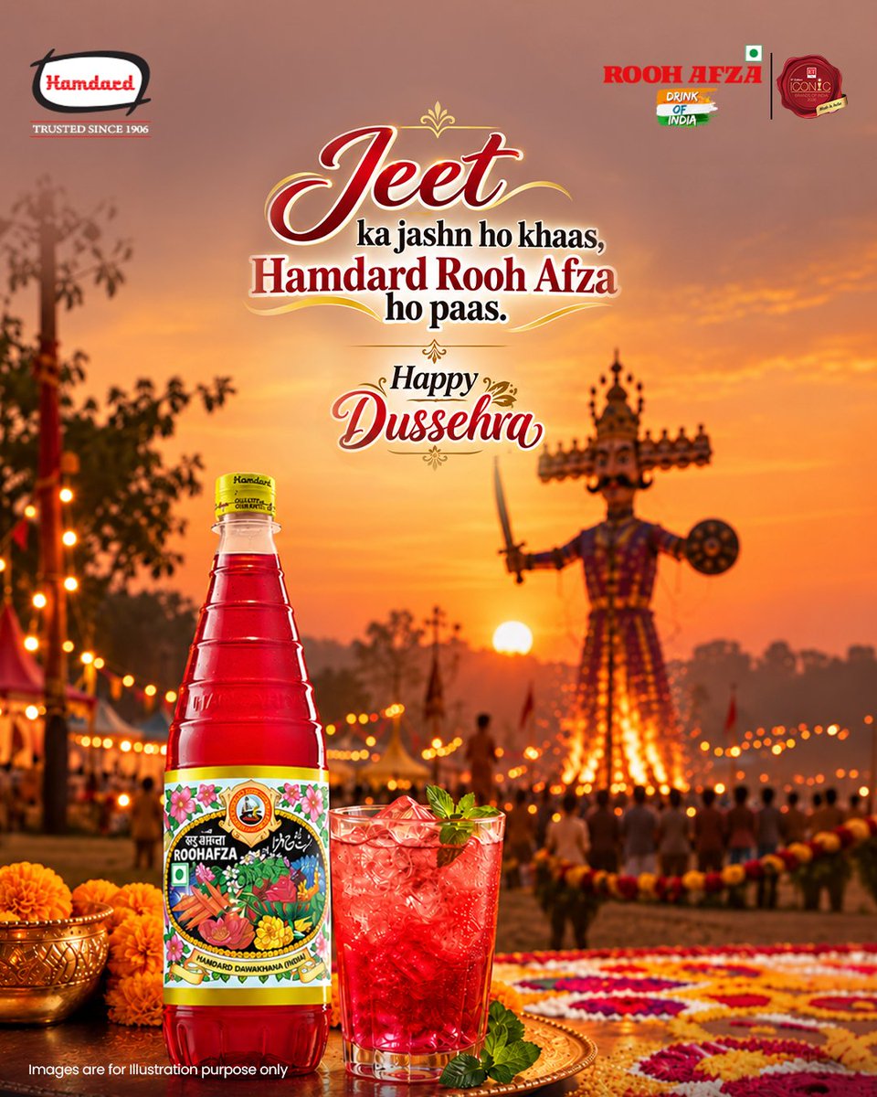HamdardFoods's tweet photo. Celebrate the spirit of victory with Hamdard Rooh Afza. Happy Dussehra!

#HamdardRoohAfza #HappyDussehra #Hamdard #Vijayadashami #FestiveCelebrations https://t.co/AS94oMEexP