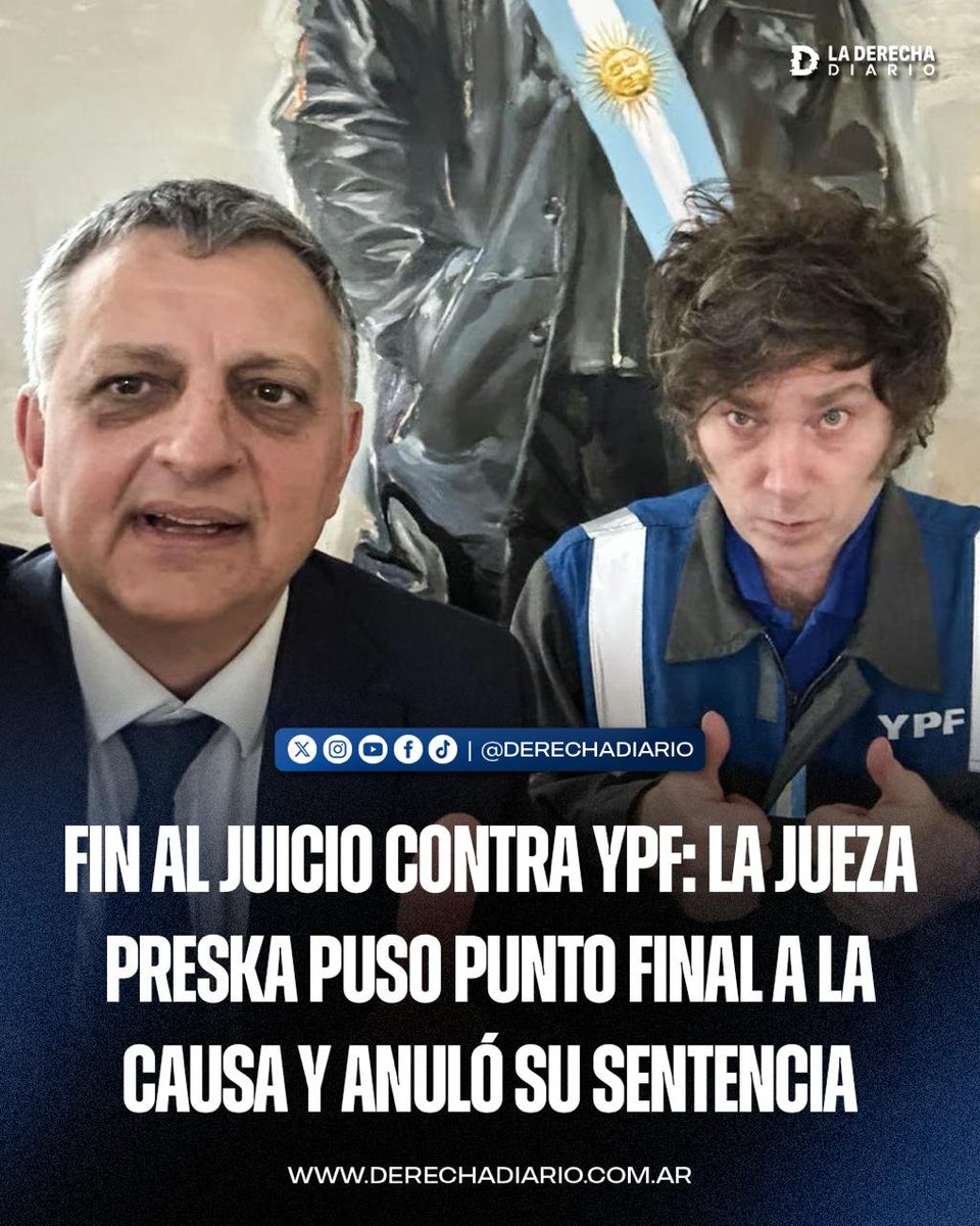 laderechadiario's tweet photo. 🚨🇦🇷🇬🇧🇺🇸 | URGENTE — COMPLETAMENTE HISTÓRICO: La jueza Loretta Preska de EEUU anuló formalmente su sentencia de 2023, que había condenado al Estado argentino a pagar USD 16.100 millones al fondo buitre británico Burford Capital por la expropiación kirchnerista del 51% de YPF. https://t.co/YFolCbRmV2