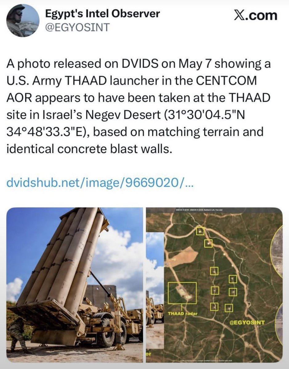 DefenceMat's tweet photo. مختصات تمامی سامانه‌های پدافندی اسرائیل، بر اساس آخرین به‌روزرسانی Google Earth، توسط @GEOIMINT جمع‌آوری شده است.

موقعیت دو رادار AN/TPY-2 سامانه THAAD مشخص است، اما مختصات یکی از این رادارها که پیش‌تر توسط @EGYOSINT شناسایی شده بود، در نقشه پیدا نشد. https://t.co/JbPg0y4Snb