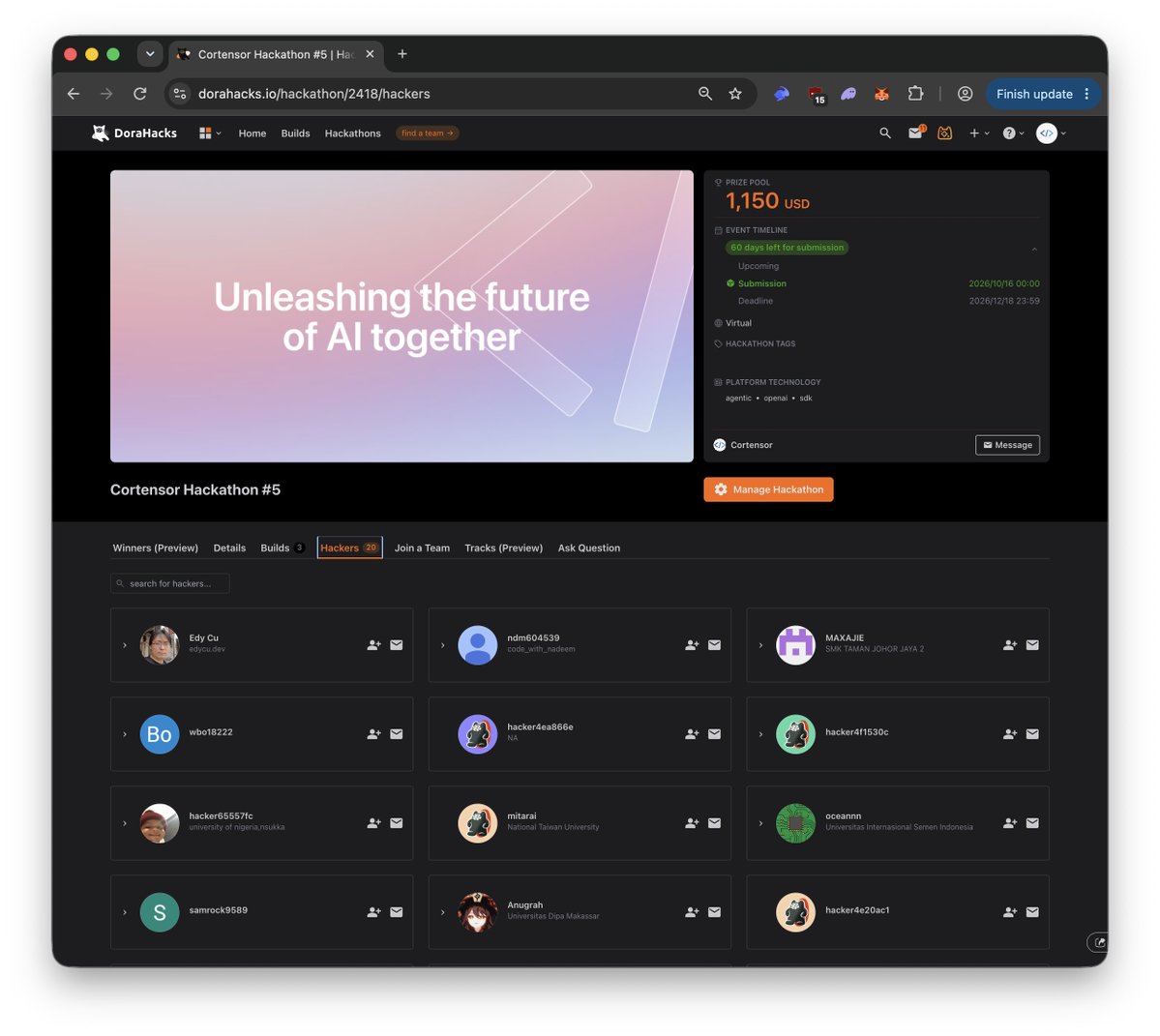 cortensor's tweet photo. 🛠️ DevLog – Hackathon #5: Early Participation Reaches 20 Builders

A quick progress update as Hackathon #5 continues to pick up early activity.

🔹 Current participation
- 20 builders have joined so far
- 3 projects have already been submitted
- The submission window remains open through 12/18/2026

🔹 What we are watching
- how builders onboard into PyClaw 0.1
- which SDK, tool, memory, delegation, and workflow paths they naturally use
- where docs, examples, provider setup, or runtime behavior still create friction
- useful bug reports and fix PRs that come out of real project work
- Portal / model usage where builders choose to use the hosted path

🔹 Why this matters
- The goal is not only the final submission count
- We want sustained external usage across the full hackathon window
- Every project, issue, contribution, and reproducible finding gives us another signal for improving PyClaw, Portal, docs, models, and the overall builder experience

🔹 Current takeaway
- Early participation has now grown to 20 builders with 3 submissions
- We will keep promoting the round, refining the SDK / docs, and triaging external feedback as more projects start taking shape

DoraHacks:
https://t.co/8lJsXDRlLH

#Cortensor #DevLog #PyClaw #Portal #Hackathon #SDK #OpenSource