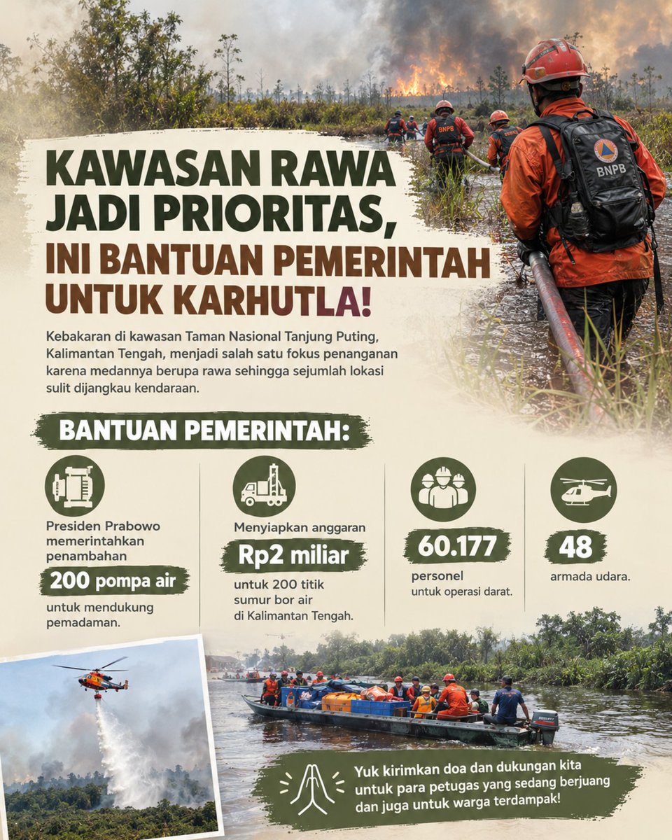 estherjscc's tweet photo. Kebakaran di Taman Nasional Tanjung Puting, jadi perhatian karena medan rawa menyulitkan akses kendaraan ke sejumlah titik. Penanganan diperkuat melalui berbagai upaya agar pemadaman dapat berjalan efektif.
#Karhutla #TanjungPuting #KalimantanTengah #jagaindonesia #Penanganan https://t.co/1mkMATUTTq
