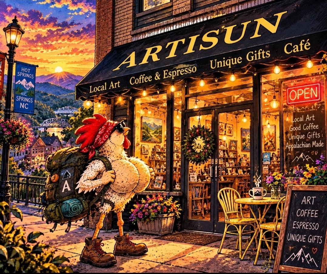 ChickenBeastX's tweet photo. 2,200+ miles of Appalachian Trail. Countless hidden gems.

☕️🎨Artisun Gallery & Café 🎨☕

Local artists. Fresh coffee. Unique gifts. Small-town magic.

Some places are worth slowing down for.

Show some love to the small businesses.

Artisun Gallery and Cafe https://t.co/tdv5D2Ldh4

Moon Girl Glass https://t.co/kt9fhalaDo

#ChickenBeast #AppalachianTrail #HotSpringsNC #SupportLocalArtists