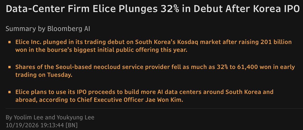 GainsOnPaper's tweet photo. IF YOU'RE SELLING $NBIS $CRWV $IREN BECAUSE OF A KOREAN IPO, YOU DON'T UNDERSTAND WHAT YOU OWN

Elice is a $700M ex coding-education company with 10MW live, and most of its revenue comes from one Korean government agency. It priced at the top of a 389x oversubscribed book, so the flippers dumped it. That's IPO mechanics, not a neocloud verdict.