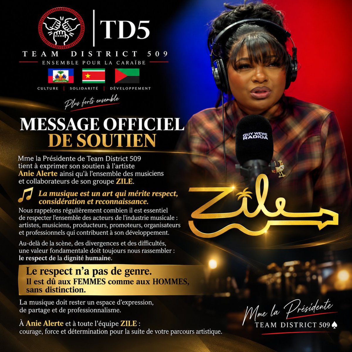 teamdistrict509's tweet photo. 🎶❤️ SOUTIEN À ANIE ALERTE ET AU GROUPE ZILE !

Mme la Présidente de Team District 509 ♠️ apporte son soutien à l’artiste Anie Alerte et à toute son équipe ZILE.

La musique est un art qui mérite respect, considération et professionnalisme. 🎤

⚖️ Le respect n’a pas de genre : il est dû aux FEMMES comme aux HOMMES !

Force, courage et détermination pour la suite ! 💪🏽❤️

Mme la Présidente ♠️

#TeamDistrict509 #AnieAlerte #ZILE #HMI #MusiqueHaitienne #Respect #Solidarite #IndustrieMusicale #Haiti #Caraibes