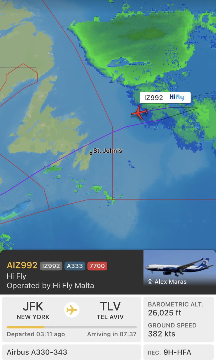Squawk_Alert's tweet photo. #HiFly flight #AIZ992/#IZ992 operated by #HiFlyMalta  from #NewYork to #TelAviv  is squawking 7700. The aircraft is an #Airbus 330-300 with registration #9HHFA. Crew has declared emergency and turned to divert. https://t.co/gV41UuoMWk