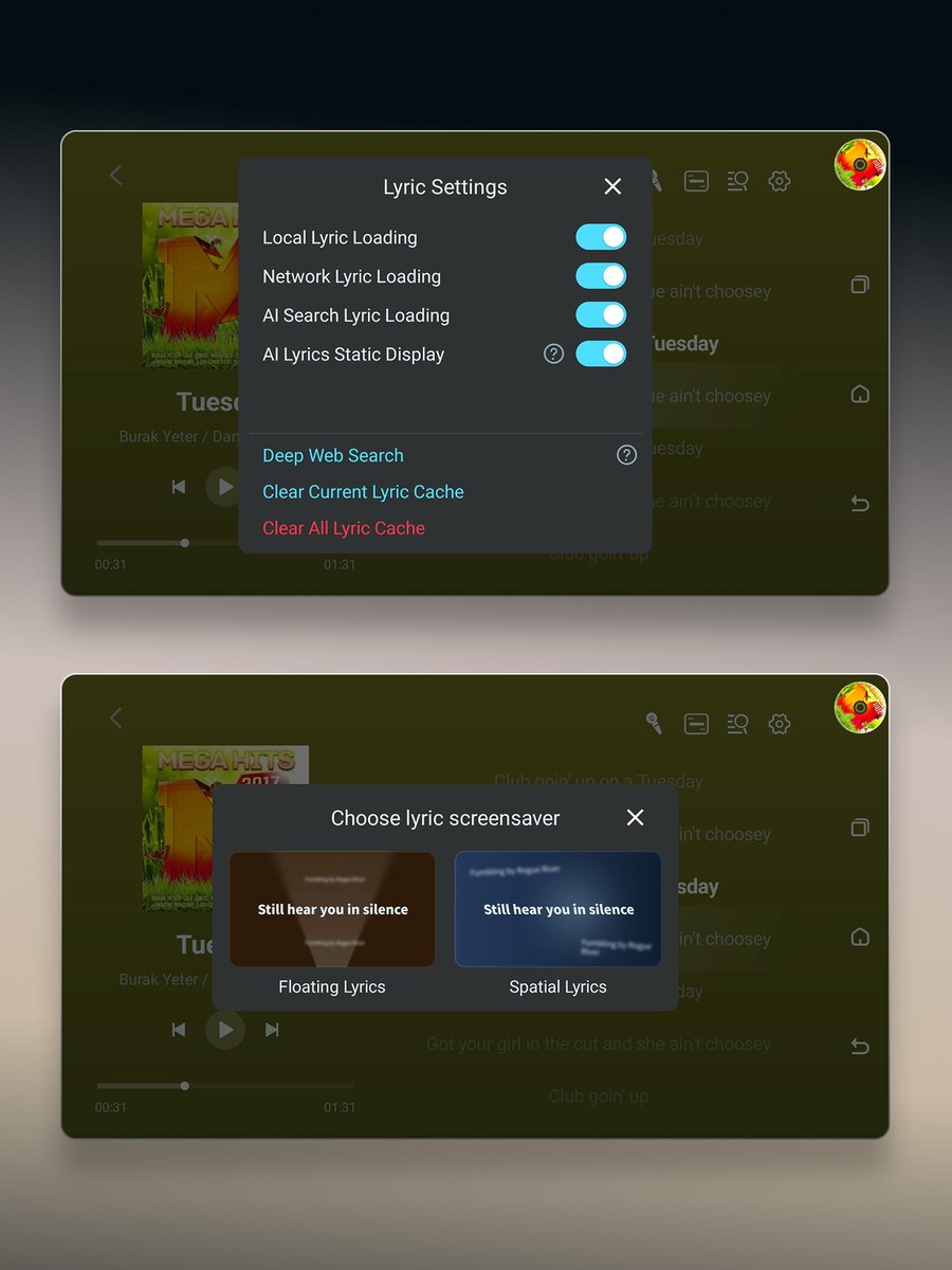 KaiboerAudio's tweet photo. Kaiboer LyricAI: AI-powered lyric system for your music streamer.

Missing lyrics on local tracks? The built-in AI automatically fetches matching lyrics online.
Enable spatial & floating animated lyrics synced to your music for immersive visuals.
Beyond plain text — beautiful animated lyrics bring extra joy to every listening session.
#Kaiboer #LyricAI #HiFi #Audiophile