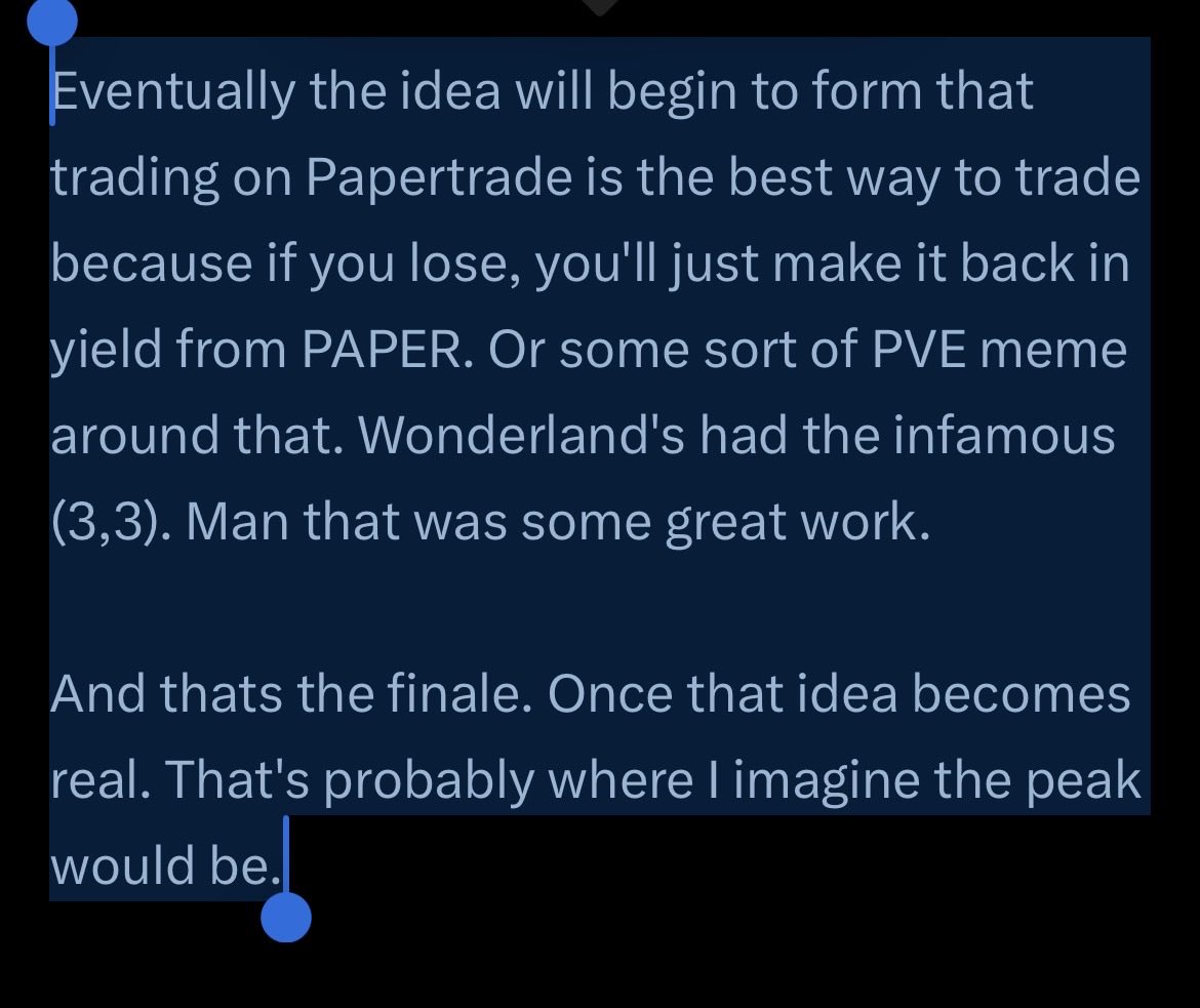 barv89x's tweet photo. Everyone mad at @papertrade_xyz did not read the docs and created their own fiction in their head about what this product really was

People got caught up in the ponzi portion of it and realized now that the math does not add up and you cannot actually be profitable getting liquidated

Late farmers are mad cause they thought they could at least exit their position and the yield would last forever

There’s nothing to be done. No one did anything wrong. Jez built something new that wasn’t another lame launchpad and we had fun playing the ponzi

The yields have been diluted, attention has peaked. Late farmers dead. The ponzi is over but now you get the business. There will always be a portion of gamblers looking to lose their money trading 1000x