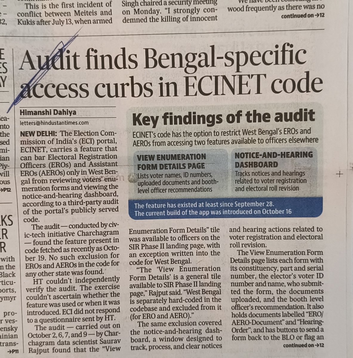 TeestaSetalvad's tweet photo. No amount of efforts by powers that be & #GodiMedia to silence #VoteChori succeeds. 
1. This audit by Charchagram found #WestBengal singled out, since 28/9 that d notorious #ECINET code is set to restrict D state's EROs & AEROs from accessing, reviewing enumeration forms, reviewing notice-hearing dashboard etc
2. This effectively means an illegally introduced centralised software is engaging statutory rights of voters through curbing roles of EROs/AEROs.
3. Remember #SeemaKhanna?
4. Remember the TCS-ECINET nexus!
5.#ScrapSIR #Revertto2024-25 Voter lists. @MamataOfficial @Dolasen7 @sagarikaghose @PriyankKharge @RahulGandhi