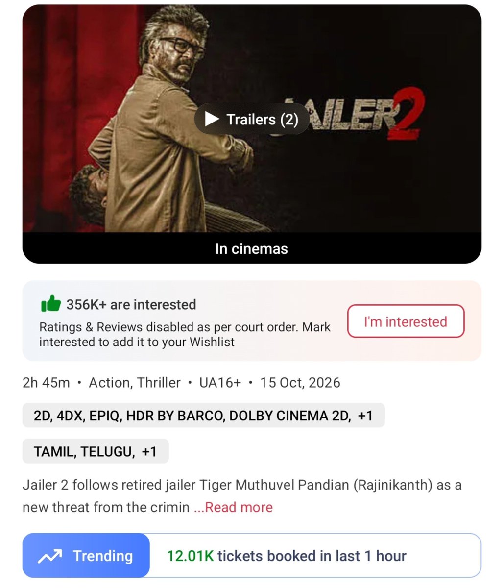 filmy_view's tweet photo. #Jailer2 ❤️‍🔥
7-8am    
Tickets sold on BMS- 12010
Yesterday- 9570 

Total from 6am- 15860
Yest- 12400 https://t.co/43addqxgHU