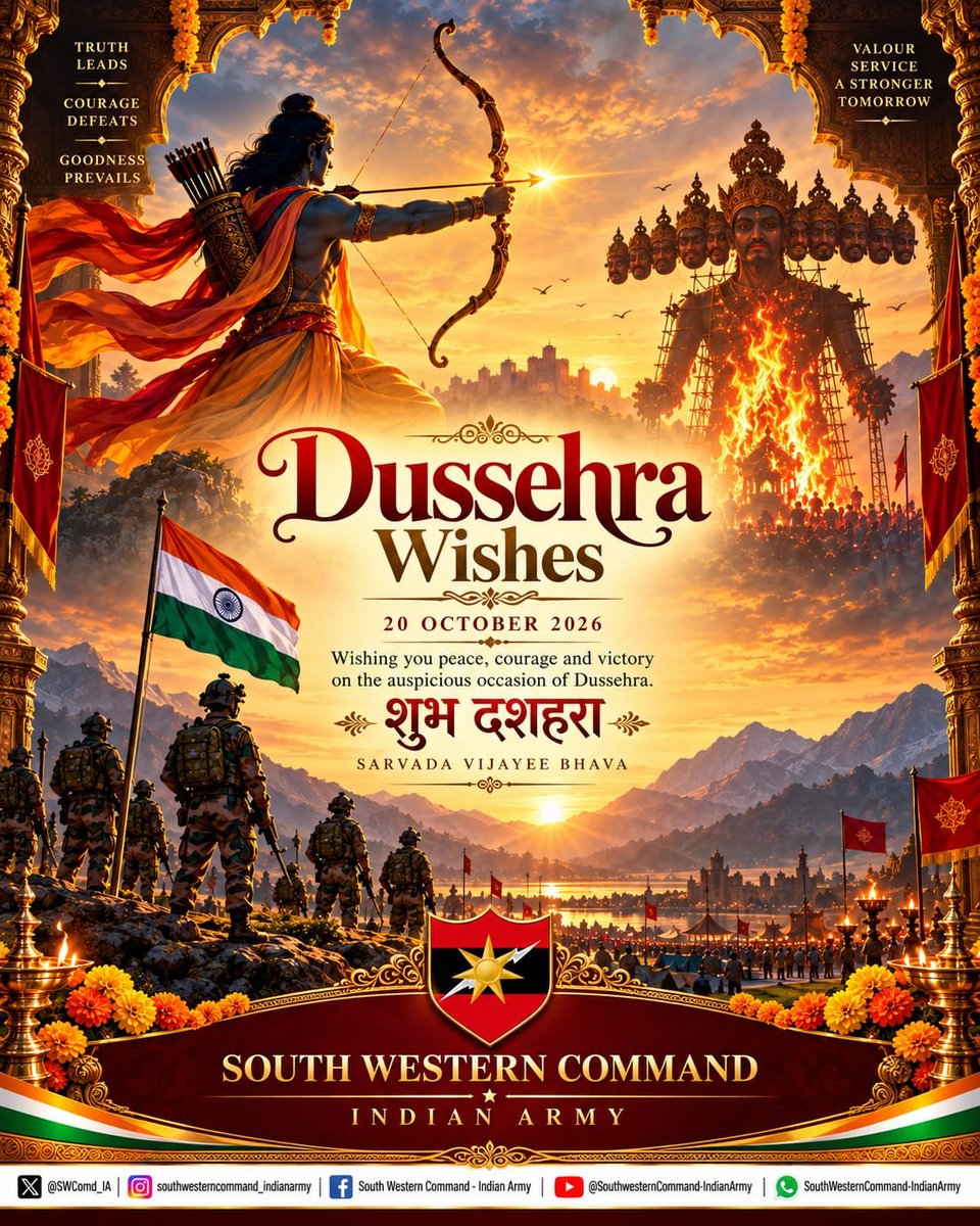 SWComd_IA's tweet photo. Triumph of Virtue, Victory of Righteousness! 🇮🇳

Lt Gen Mohit Malhotra, #ArmyCommander, #SaptaShaktiCommand, extends warm greetings to all ranks, veterans, defence civilian employees and families of #SaptaShaktiCommand on the auspicious occasion of #Dussehra.

May the festival inspire us to uphold the values of courage, righteousness and duty, and strengthen our resolve to serve the Nation with dedication.

#IndianArmy

@adgpi
@HQ_IDS_India
@SpokespersonMoD
@PRODefRjsthn