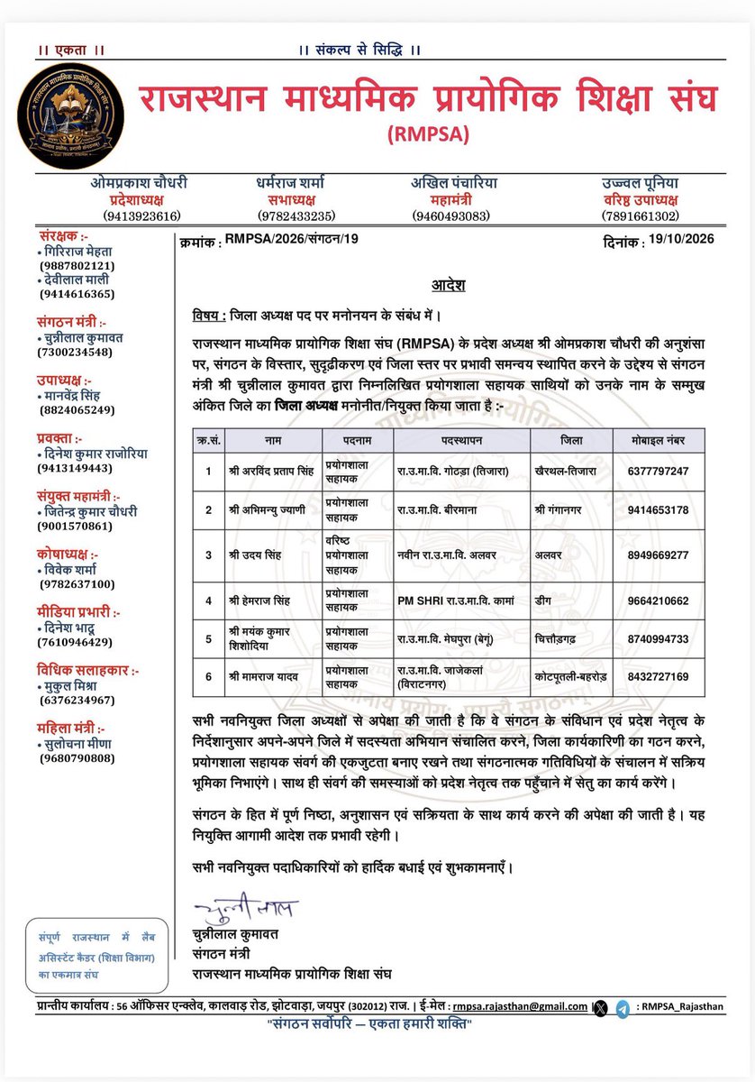 RMPSA_Rajasthan's tweet photo. राजस्थान माध्यमिक प्रायोगिक शिक्षा संघ ने 6 जिलों में नए जिला अध्यक्ष नियुक्त किए…

जयपुर, 19 अक्टूबर। (RMPSA) ने आज 6 जिलों के जिलाध्यक्ष बनाये!

प्रदेश नेतृत्व ने सभी नवनियुक्त पदाधिकारियों को बधाई और शुभकामनाएँ दी हैं।

https://t.co/iBSvlAMbnh https://t.co/m4t6L7dQOa
