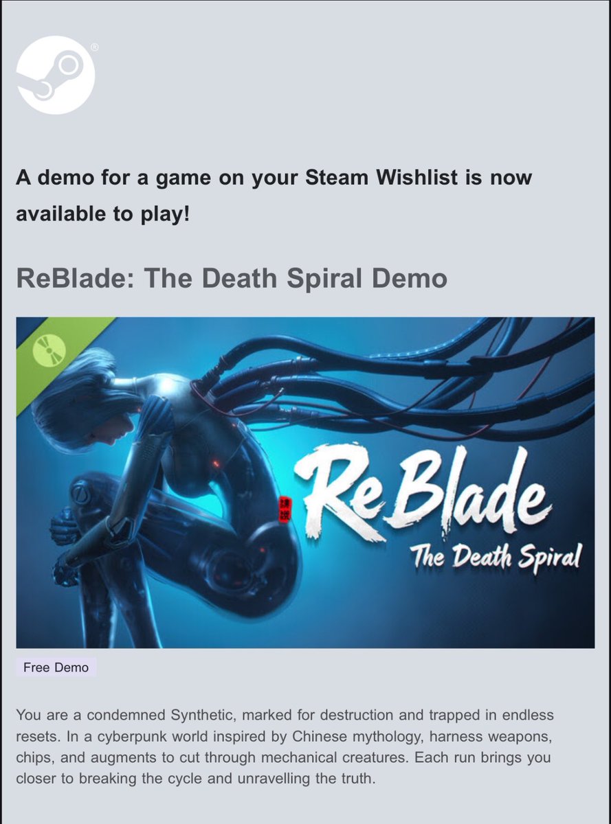 LeonYoRHa's tweet photo. Played it at Gamescom, and now you can too!

The ReBlade demo is live on Steam!
 If you like a hot cyborg girl parrying the hell out of everything, check it out 😸

@ReBladeG @SpiralUpGames https://t.co/macCx1c9m6