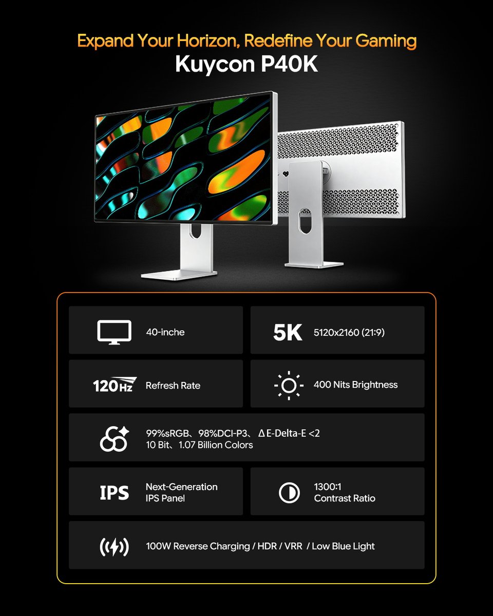 Kuyconofficial's tweet photo. Your desk just leveled up with Kuycon P40K🖥️✨

Meet the P40K — 40" of 5K2K ultrawide (5120×2160, 21:9) with 33% more screen than 4K. Timeline, charts, and game HUD? All visible at once — no alt-tab gymnastics 🙌

#kuycon #ultrawidemonitor https://t.co/yOWiYmIYKo
