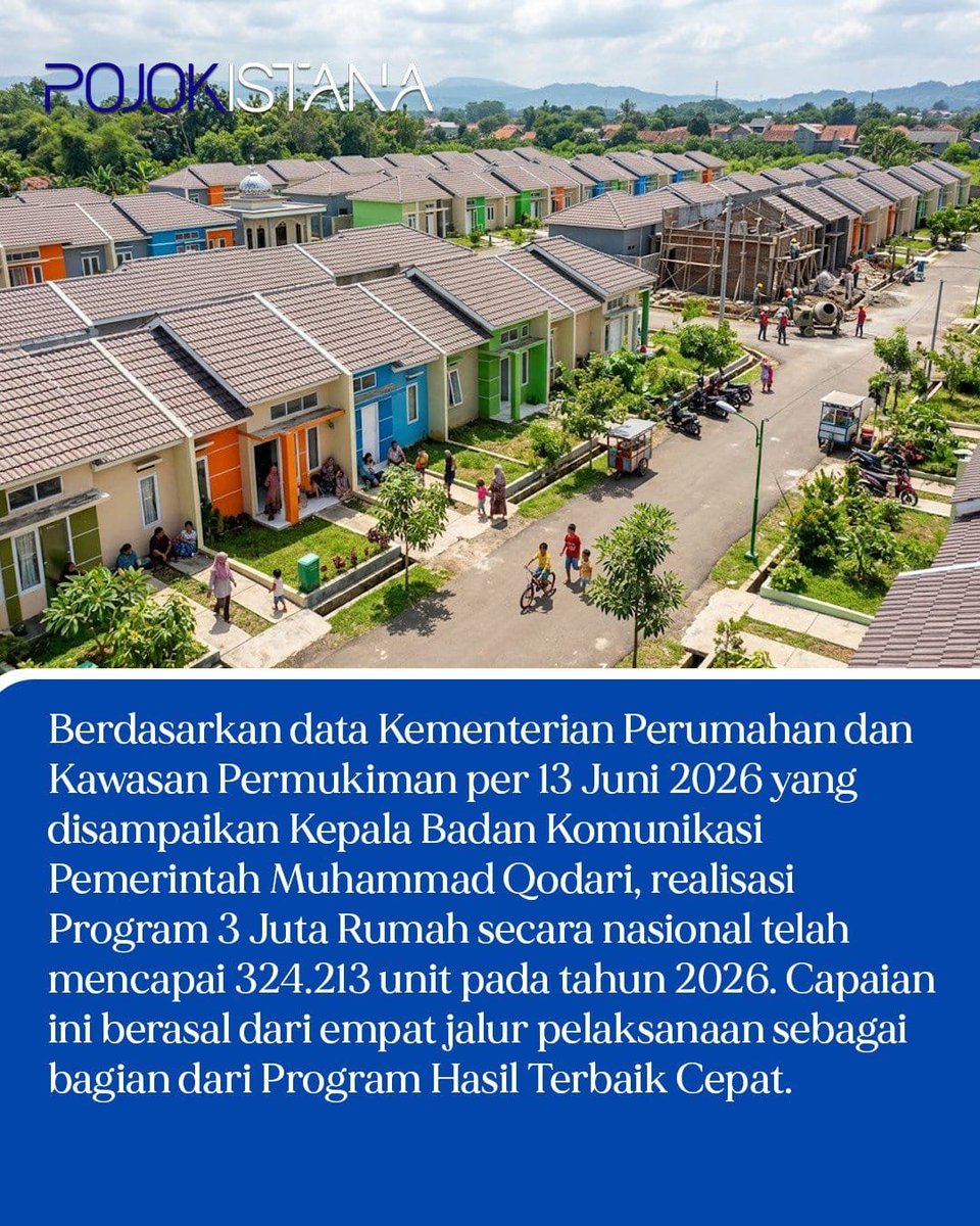MAKsahang's tweet photo. Realisasi Program 3 Juta Rumah yang mencapai 324.213 unit per Juni 2026 menjadi langkah nyata dalam memperluas akses masyarakat terhadap hunian yang layak.
#PrabowoGibran #Program3JutaRumah #HunianLayak https://t.co/itkEedXl3R