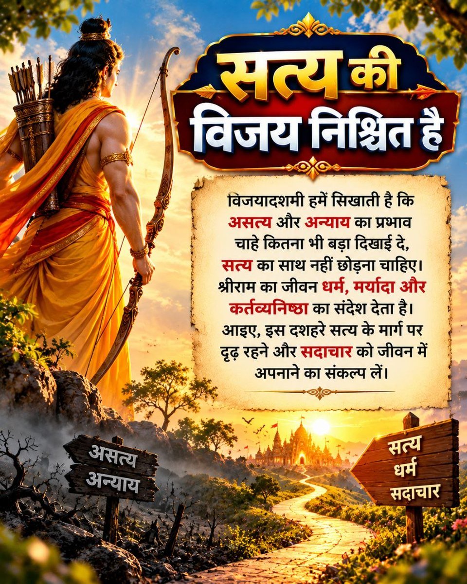 yuwasewasangh's tweet photo. #VijayaDashami
हमें सिखाती है कि असत्य और अन्याय का प्रभाव चाहे कितना भी बड़ा दिखाई दे
सत्य का साथ नहीं छोड़ना चाहिए
श्री राम का जीवन धर्म, मर्यादा और कर्तव्यनिष्ठा का संदेश देता है
आइए इस दशहरे सत्य के मार्ग पर दृढ़ रहने और सदाचार को जीवन में अपने का संकल्प ले
🚩Happy Dussehra🚩 https://t.co/8BZZq48BkW
