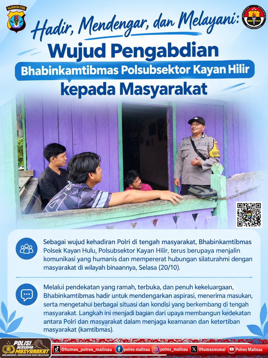 HumasResmal's tweet photo. Sebagai wujud kehadiran Polri di tengah masyarakat, Bhabinkamtibmas Polsek Kayan Hulu, Polsubsektor Kayan Hilir, terus berupaya menjalin komunikasi yang humanis dan mempererat hubungan silaturahmi dengan masyarakat di wilayah binaannya, Selasa (20/10). https://t.co/SgmPYFEEGg