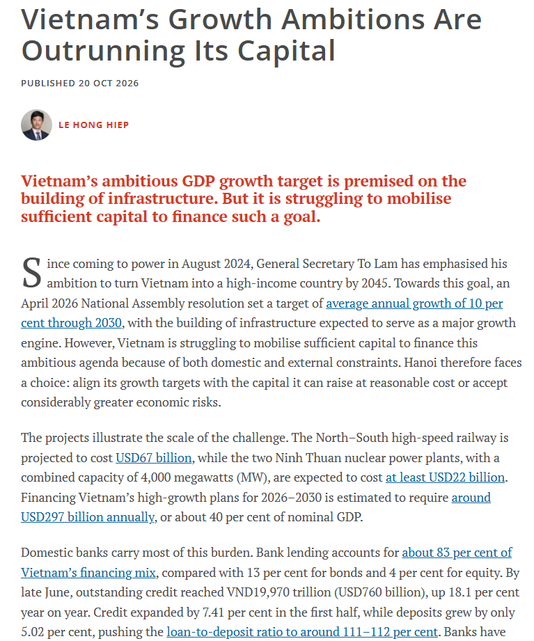 lhhiep's tweet photo. My latest commentary examines how Vietnam’s ambitious growth agenda is increasingly outpacing its ability to mobilise capital at a reasonable cost, due to both domestic and external constraints.

Hanoi therefore faces a difficult choice.

https://t.co/1kX6iXWMju https://t.co/fmNBG1G03L