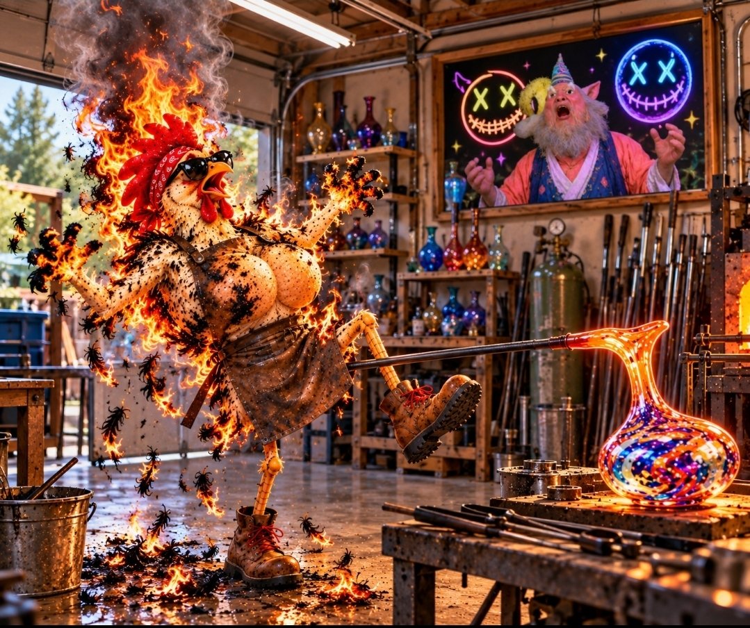 ChickenBeastX's tweet photo. Had such a good time learning about glassblowing -  decided to experiment on my own. 

Another 1 million Chicky BURNT. 
🔥🔥🔥🔥 x 4 million total. 

🐔👹 https://t.co/iTiQqSBJNg