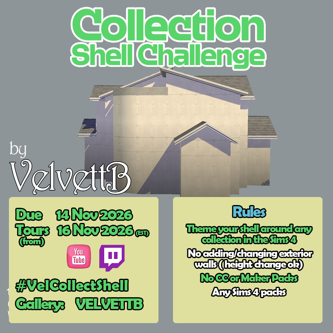 VelvettBYT's tweet photo. New shell challenge is out now: the Collect Shell Challenge, where your theme is a collection in the Sims 4!
#VelCollectShell #Sims4 #TheSims4 #ShellChallenge @TheSims https://t.co/KghcJnLlUO