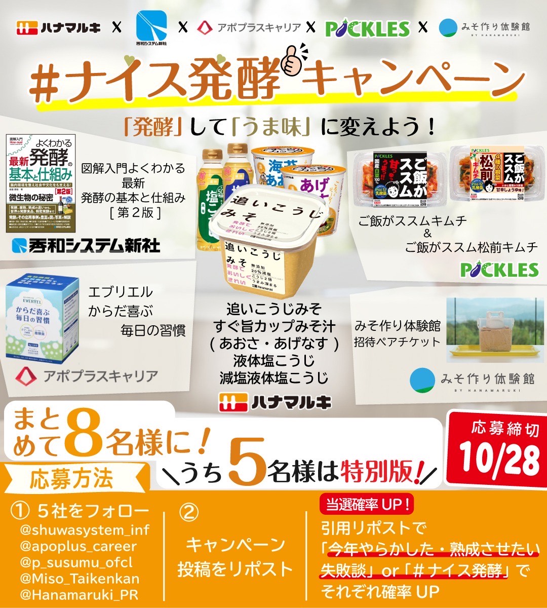 Hanamaruki_PR's tweet photo. ＼#ナイス発酵👍 コラボキャンペーン／

8名様に全部まとめてプレゼント🎁
そのうち5名様は特別版！

✽応募方法✽
① 5社をフォロー！
@shuwasystem_inf 
@apoplus_career 
@p_susumu_ofcl 
@Miso_Taikenkan 
@Hanamaruki_PR

②本投稿をRP

▷引用RPで「熟成させたいやらかし」or
　「#ナイス発酵」記入で当選確率UP⤴️