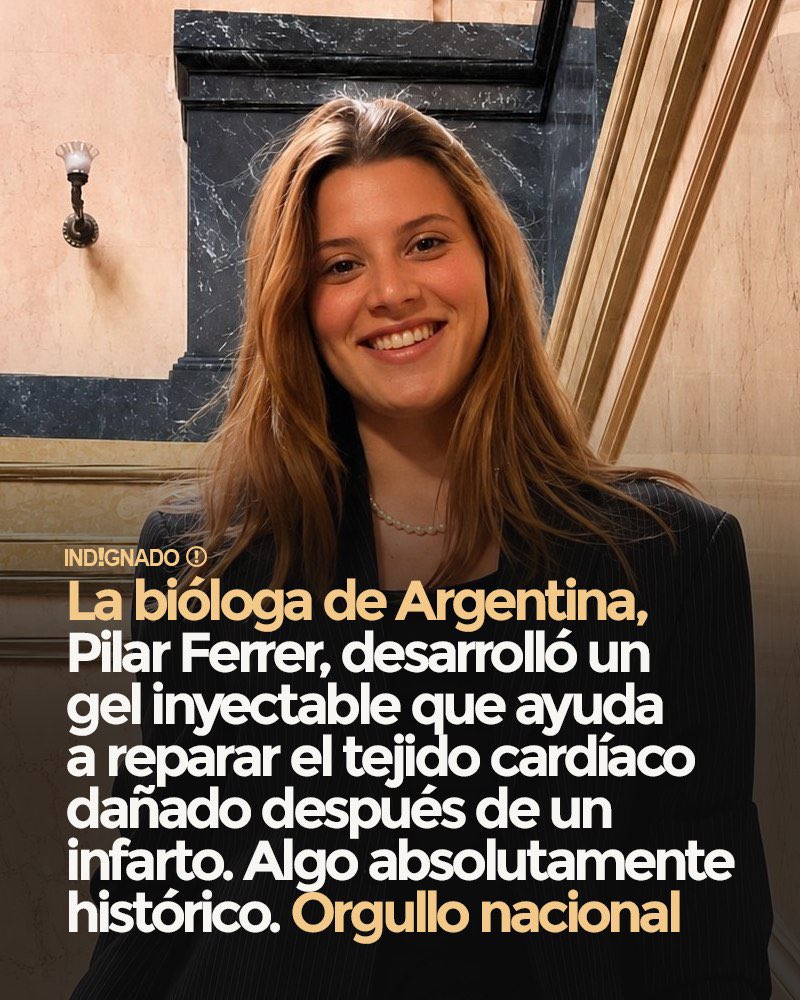 indignadoxd's tweet photo. La bióloga argentina Pilar Ferrer, de apenas 25 años, desarrolló un gel inyectable que ayuda a reparar el tejido cardíaco dañado después de un infarto. Algo absolutamente histórico. Genia absoluta, y argentina. Pero casi nadie habla de esto. Porque acá preferimos el chisme y el drama político antes que celebrar ciencia de verdad. 💙🇦🇷