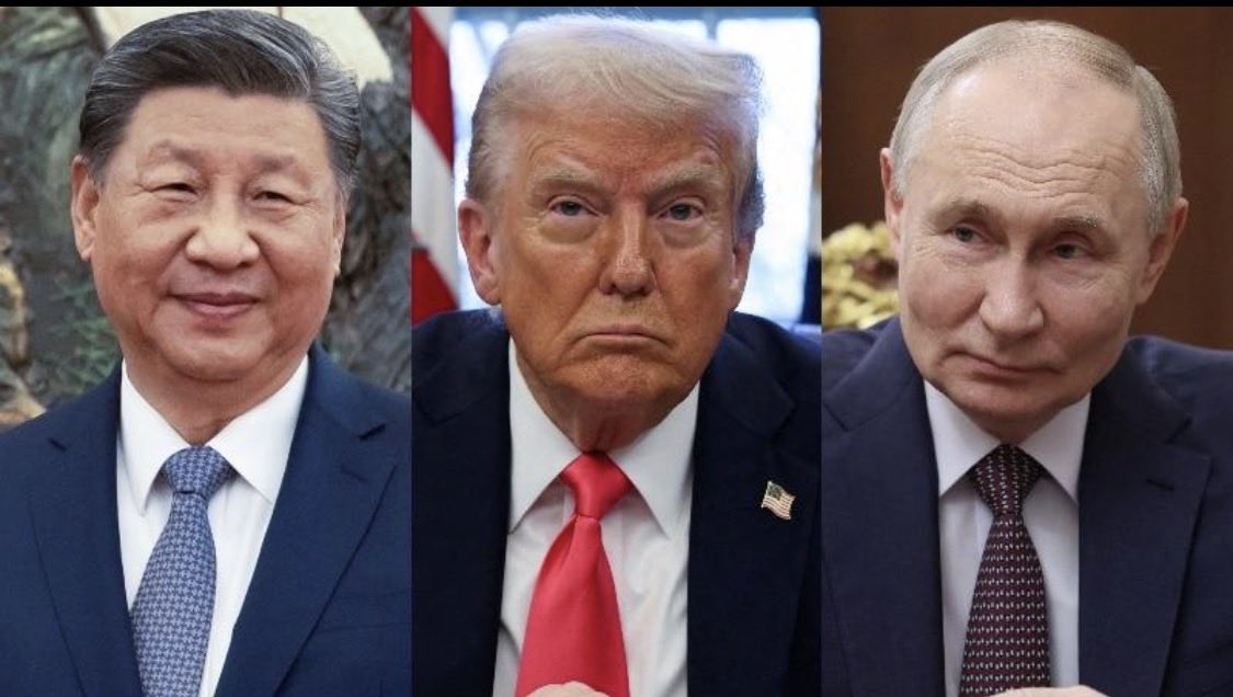 Xred1000's tweet photo. TRUMP, PUTIN AND XI… IN THE SAME ROOM? 🌍⚠️

Trump says he is open to a three-way meeting focused on nuclear weapons.

One meeting could change the global political landscape.

#Trump #Putin #China #WorldNews https://t.co/V5cAPPJoq7