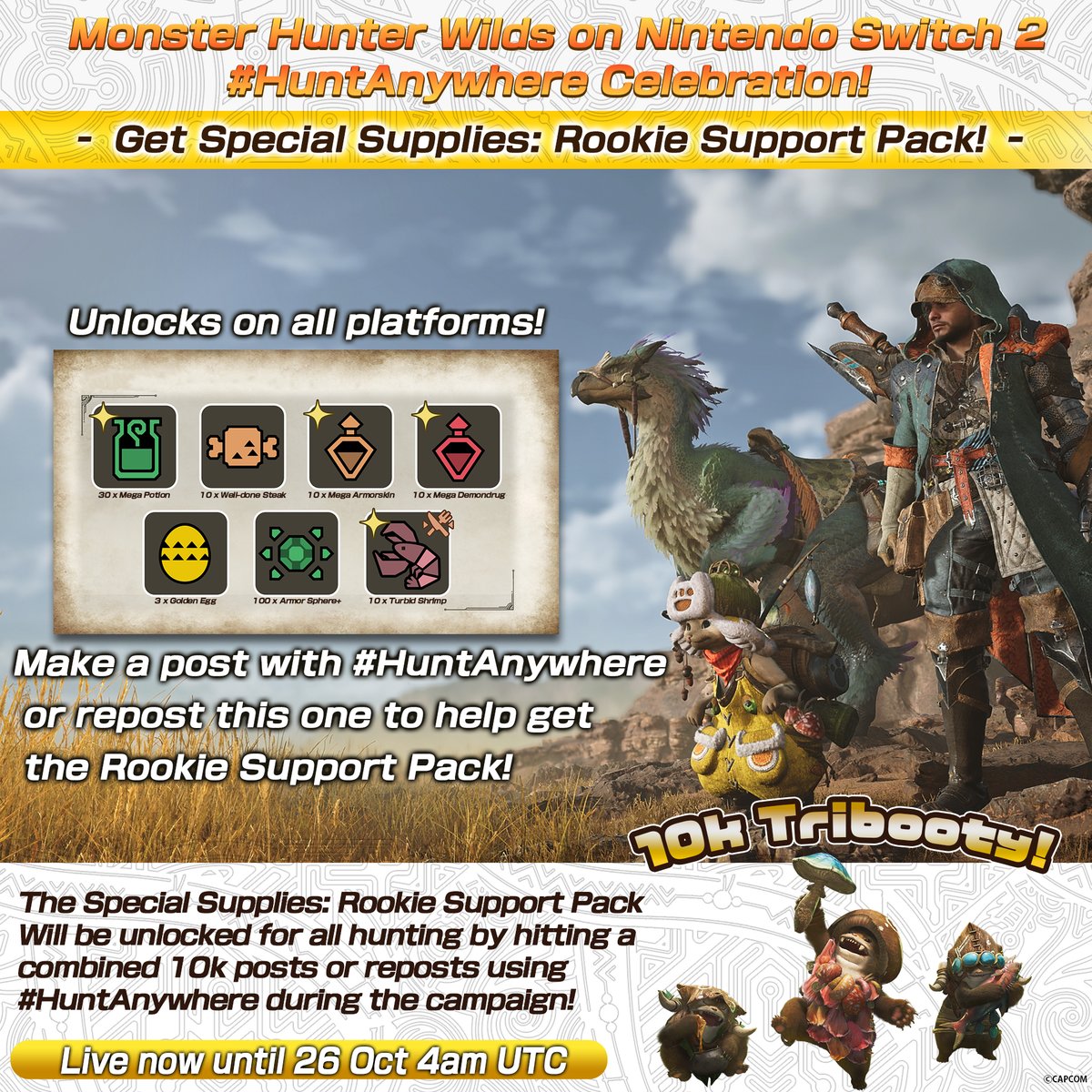 CapcomAustralia's tweet photo. Monster Hunter Wilds on Nintendo Switch 2 Celebration!

Get the Special Supplies: Rookie Support Pack!

How to Participate
✅ Follow @CapcomAustralia 
✅ Repost this campaign post or make a post with #HuntAnywhere https://t.co/LFH6RAr9sA