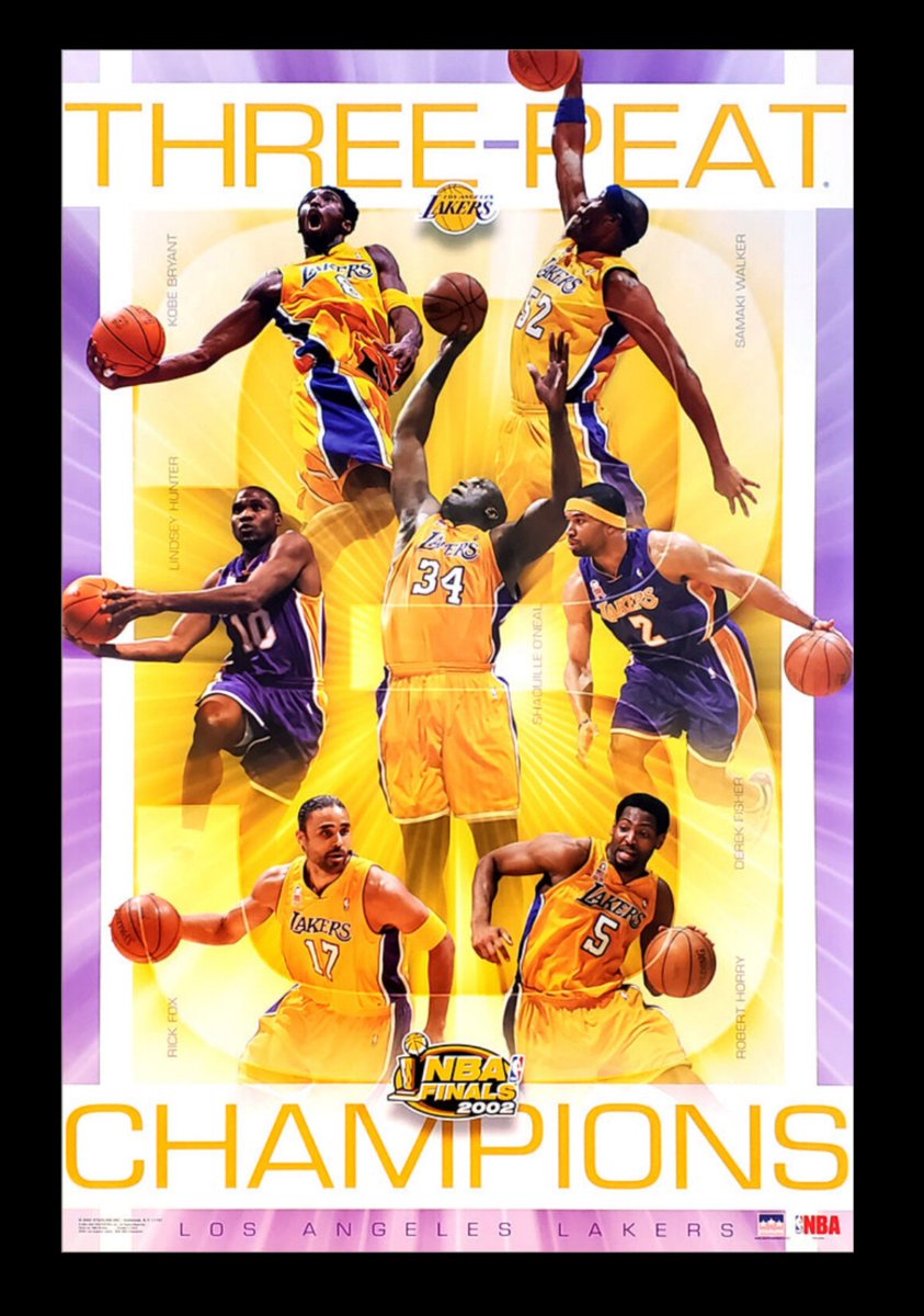 DionApollo's tweet photo. Here yall go vintage poster from the Lakers Three-Peat. Pretty sure some of y'all had this poster 🔥🔥🔥 https://t.co/hQVyDOrGGV