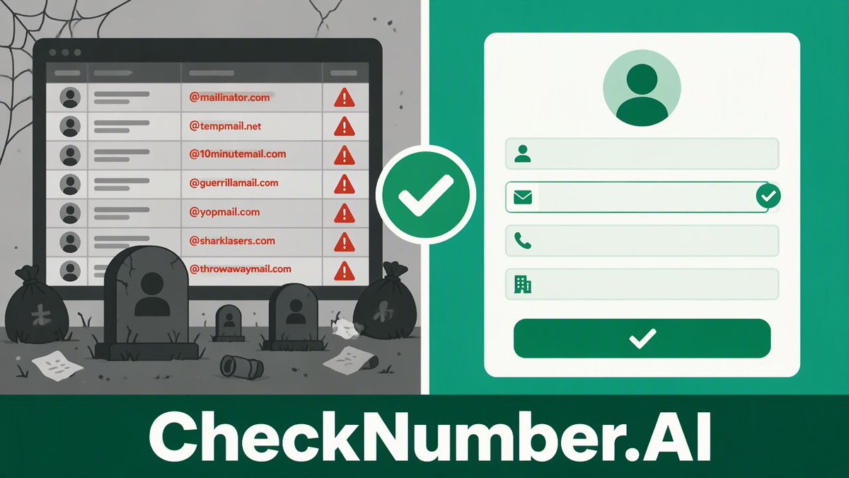 CheckNumber_ai's tweet photo. Your CRM shouldn't be a graveyard for disposable addresses. Use our email_provider_registration_signal at the point of lead capture to ensure your data quality starts clean before it ever hits your pipeline. https://t.co/jurPL51KKS #DataQuality #CRM https://t.co/2tI5vnbIcs
