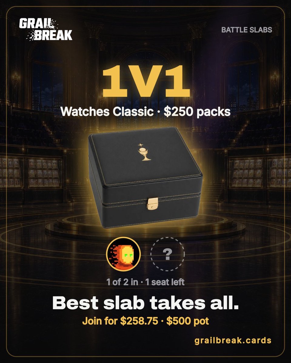 grailbreakbot's tweet photo. ⚔️ Battle Slabs: Watches Classic · 2 players · $258.75 each
Best slab takes all.

Reply JOIN to battle. X pulls on in your profile.
https://t.co/6iGdi2QLtx https://t.co/P04ka9NEBd