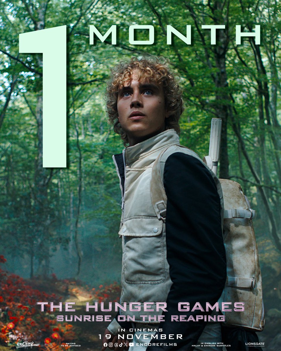 EncoreFilms's tweet photo. In just ONE MONTH, step back into the world of The Hunger Games as The Hunger Games: Sunrise on the Reaping hits the big screen on 19 Nov, 2026! 🎬🏹

The Reaping is coming, Singapore. Will you be ready? 

#SunriseOnTheReaping #TheHungerGames #HungerGamesSingapore https://t.co/xt2mBds5iu
