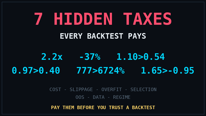 lewang_teraliq's tweet photo. 7 hidden taxes every retail backtest pays.

1. Cost Tax — 2.2x. Your real trading cost is 2.2x what you recall. (Measured on 1,278 live trades.)
2. Slippage Tax — 37%. Our best factor got cut 37% under honest slippage. We published the haircut.
3. Overfitting Tax — 1.10 → 0.54. 1,000 random strategies; the champion halved out-of-sample.
4. Selection Tax — 777 tries, one +6,724% winner. Arithmetic, not edge.
5. Out-of-Sample Tax — 0.97 → 0.40. Full-cycle recompute killed our own factor 163.
6. Data Tax — one holiday-calendar bug voided an entire ML factor line.
7. Regime Tax — 1.65 → -0.95 in 2022. Factor 211's published Sharpe vs its 2022.
Pay all seven before you trust a backtest.