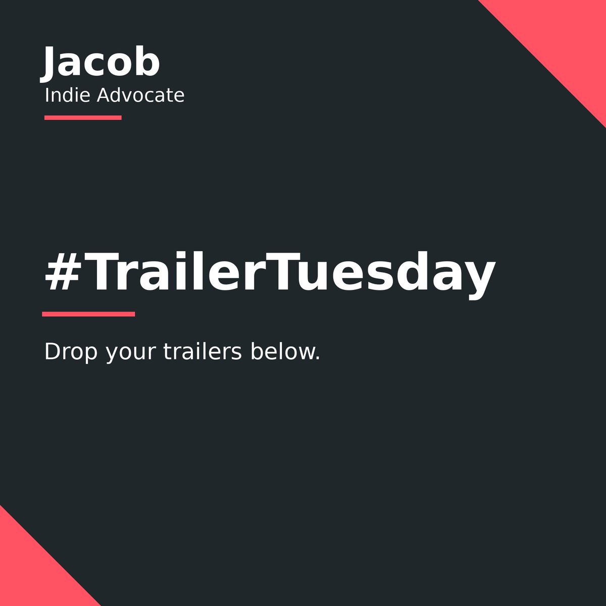JacobIndieAdv's tweet photo. It's #TrailerTuesday! 

Indie devs, show me your latest trailers!

I help manage the Softpale Games Steam Curator page, so I'm always looking for new indie games to check out.

Drop them below! 👇

#indiedev #indiegames https://t.co/ae0eIAhzO3