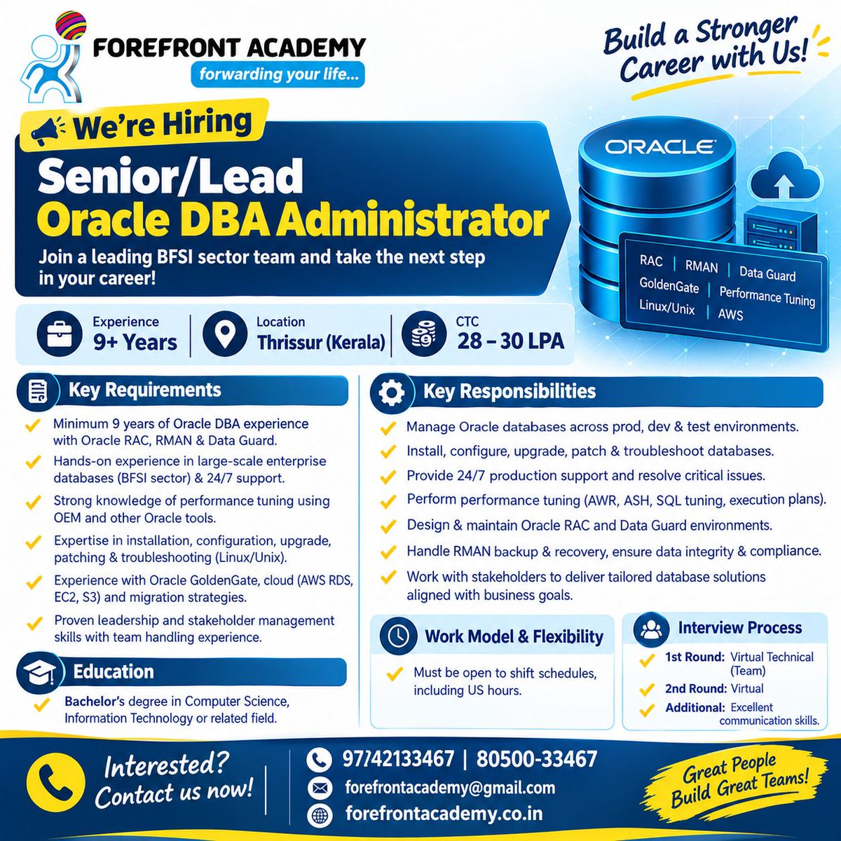 forefrontacdemy's tweet photo. Hiring Alert: Senior/Lead Oracle DBA Administrator!
📍 Location: Thrissur, Kerala
💼 Experience: 9+ Years
💰 Salary: ₹28–30 LPA
#hiringalert #oracledbaclassinthane #oracledatabaseadministrator #seniordba #leaddb #oraclerac #Dataguard #goldengatebridge #BFSIJobs #ITJob https://t.co/aNU8ids2gp