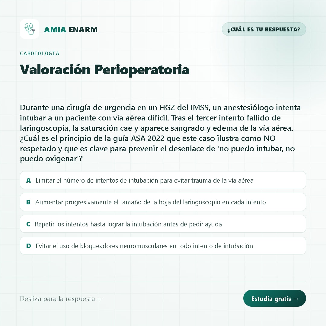 AMIAHealthTech's tweet photo. 🩺 Valoración Perioperatoria — ¿cuál eliges?
Desliza para ver la respuesta y el porqué.
#amiaenarm #amiahealthtech #ENARM https://t.co/8x71mOKVnC