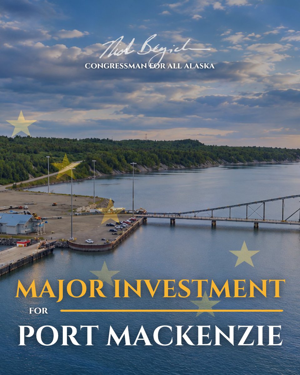 A political promotional graphic over an aerial view of a waterfront port, with a forested shoreline, docks, vehicles, and a bridge. Decorative gold stars and prominent campaign-style text are overlaid.