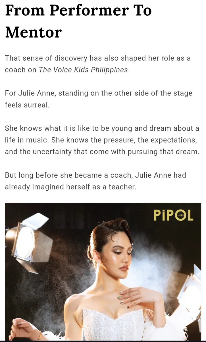 _graceygraceMe's tweet photo. From Performer to Mentor 🧡Coach #JulieAnneSanJose once dreamed of becoming a teacher like her mother 🤗 #PIPOLPrime
JULIE X PIPOL BEYOND LIMITLESS
#Pipolmgzn https://t.co/aPxcztkymi