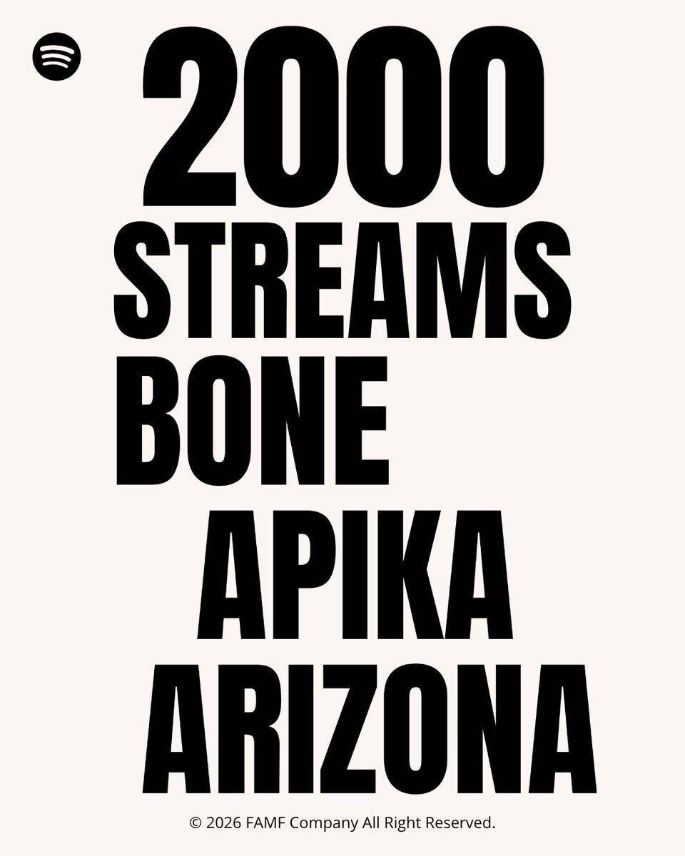 famfcompany's tweet photo. "Apika" hits 2000 Streams on Spotify 

Stream Here:
https://t.co/TnB8GBeS6N

#BoneArizona #Apika #Spotify #FamfCompany @BoneArizona https://t.co/eIxLYlC2UY