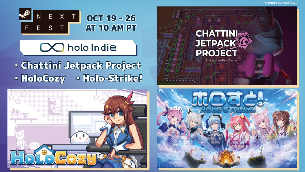 holoindie_ccmc's tweet photo. 📢Steam Next Fest
Three holo Indie titles are joining with playable demos!✨
ーーーーーーーーーー
・Chattini Jetpack Project（@cjp_hololive）
・HoloCozy（@holocozy）
・Holo-Strike! (@grnsp)
ーーーーーーーーーー
Which one catches your eye!?
Try the demos and share your feedback with the developers!💬

#holoindie