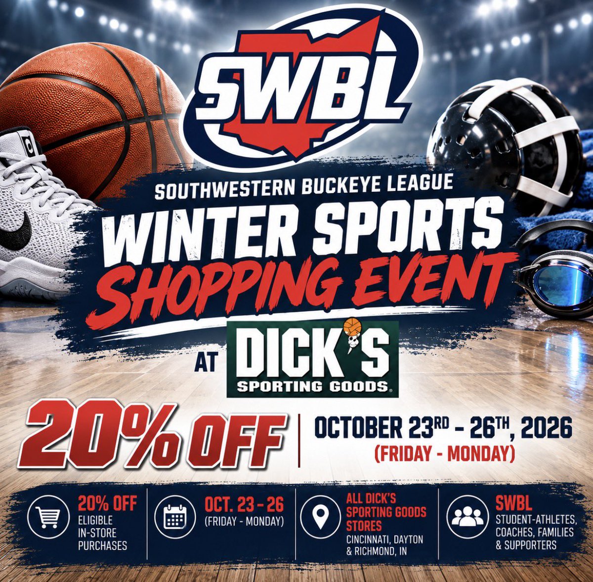SWBLSPORTS's tweet photo. 🚨 The Southwestern Buckeye League  @DICKS Sporting Goods Winter Sports Shopping Event is from Friday Oct. 23 through Monday, Oct. 26! CLICK the link for coupon https://t.co/TYYKcaWTi2 https://t.co/Xdkfse8HLh