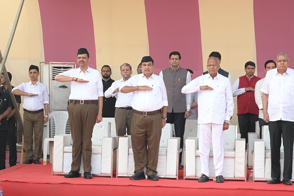 RSSorg's tweet photo. Distinguished guests attending today's RSS #Vijayadashami Utsav: Chief Guest Shri Sanjay Gupta ji, Chief Editor of Dainik Jagran, former Vice President of Bharat, Shri Jagdeep Dhankhar ji , Hon.Yaniv Reavach, Consul General of Israel to Midwest India. https://t.co/1xTsCDO5Nt