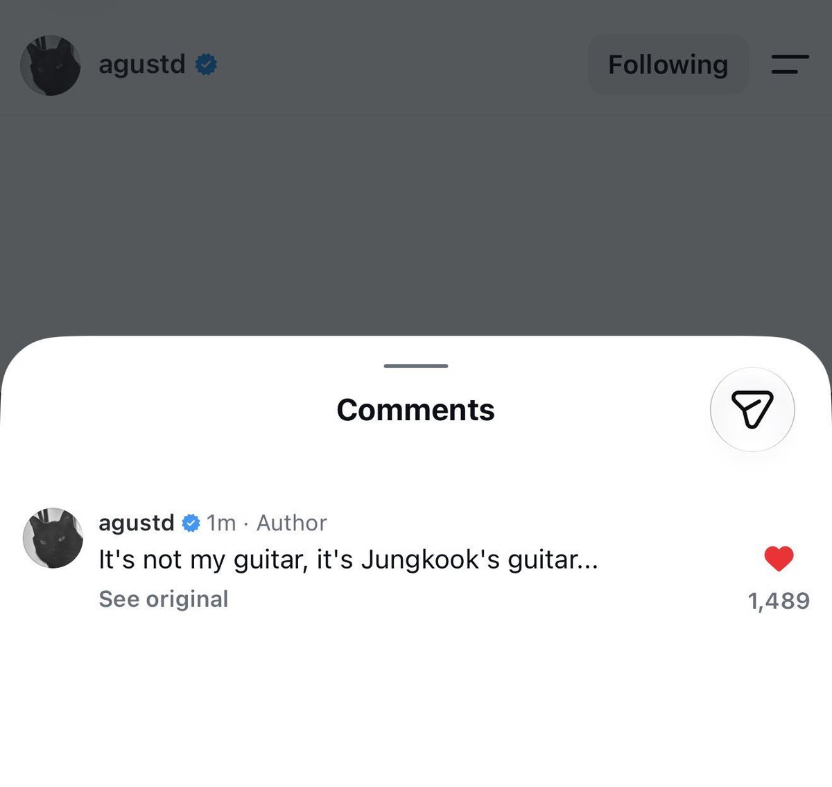 _sgminseven's tweet photo. YOONGI COMMENT ON HIS IG POST 😭😭😭😭😭 THE GUITAR IS JUNGKOOK'S 

"It's not my guitar, it's Jungkook's guitar..." https://t.co/LudQrj3nDj